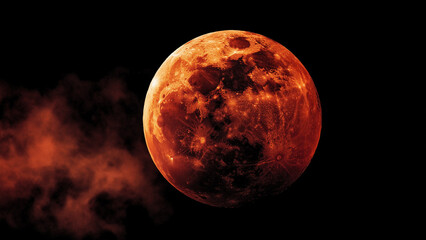 Blood moon rising above red clouds