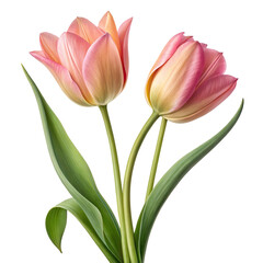 Naklejka premium Two delicate pink and yellow striped tulips with green leaves isolated on transparent background