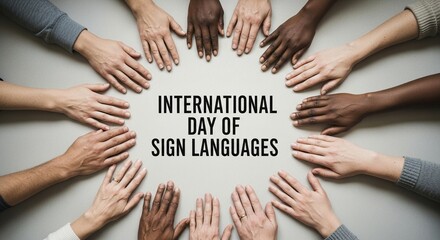 Diverse hands form a circle around "International Day of Sign Languages" text, promoting deaf community awareness and global communication