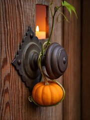 Rustic door with antique knob wrapped in pumpkin vine and small pumpkin, warm candlelight glowing through wooden door window, autumn harvest decoration close up