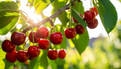 Obraz premium Ripe cherries on a sunlit branch