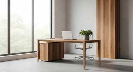 Modern Home Office with Natural Light and Minimalist Wooden Desk, Fostering Serene Productivity and a Connection to Nature.