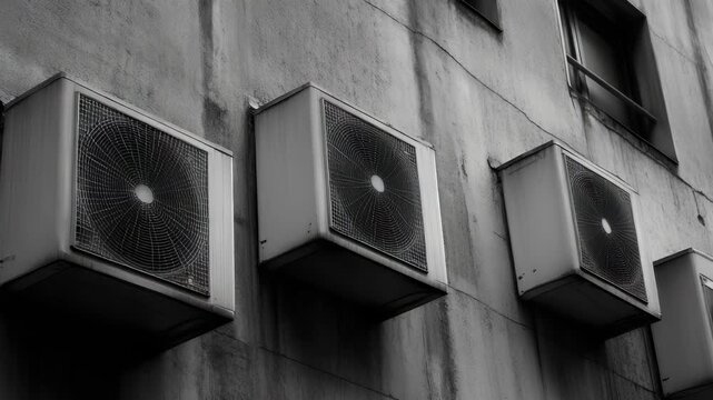 Row of Air Conditioning Units Mounted on Exterior Wall of Building, Black and White Architectural Detail
