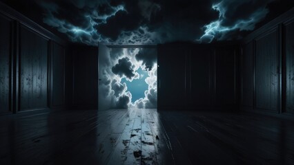 Surreal Scene with Fluffy Clouds in a Dark Room

