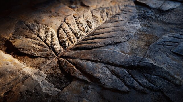 National Fossil Day. 3D visualization of a prehistoric leaf fossil imprint, highly detailed stone surface, professional CGI lighting setup, ultra-realistic,