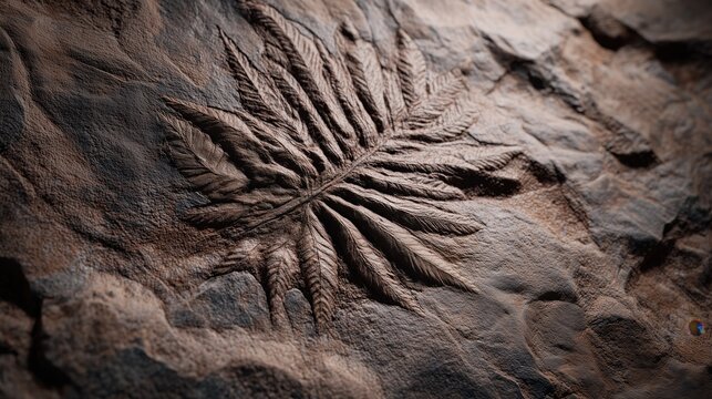 National Fossil Day. 3D visualization of a prehistoric leaf fossil imprint, highly detailed stone surface, professional CGI lighting setup, ultra-realistic,