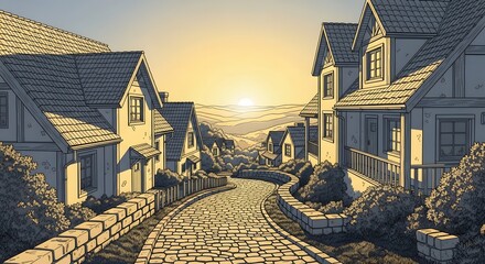 Quaint Village Houses on Cobblestone Street at Sunrise