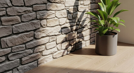 Cozy Interior Corner with Textured Stone Wall, Warm Wooden Floor, and Green Potted Plant Bathed in Sunlight and Artistic Shadows
