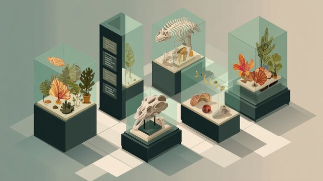 National Fossil Day. Isometric museum exhibition with glass cases displaying fossils (shells, leaves, dinosaur skull), modern clean design