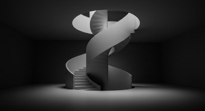 Stunning minimalist spiral staircase ascends into bright circular skylight in stark modern architectural space - Powered by Adobe