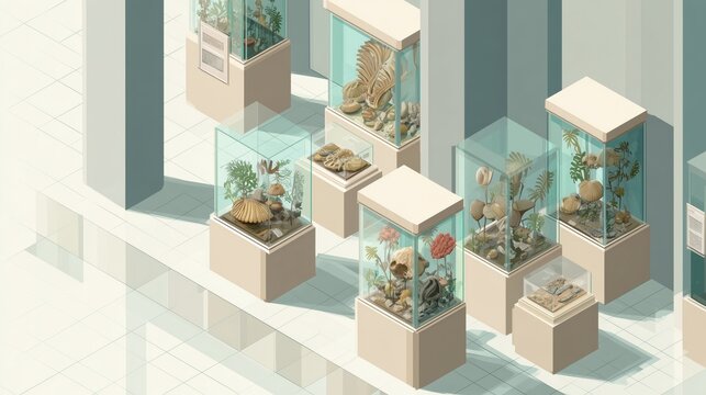National Fossil Day. Isometric museum exhibition with glass cases displaying fossils (shells, leaves, dinosaur skull), modern clean design