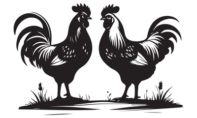 Rooster silhouette vector illustration, two roosters standing in grass, black and white drawing
