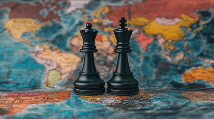 Chess pieces on vintage world map