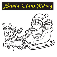 Obraz premium Santa Claus Riding Sleigh with Reindeer Black and White Coloring Page Illustration. Colouring Book Design. 