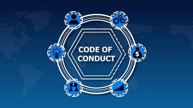 Code of conduct icon showing rules, ethics, and professional behavior guidelines.Virtual screen of the future: Code of conduct.
