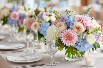 Elegant floral centerpieces decorating wedding reception tables