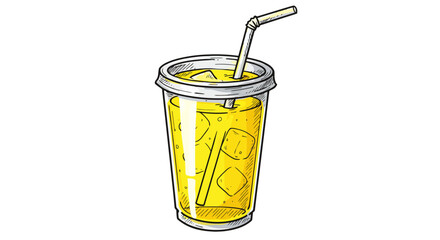 Refreshing Yellow Drink in Plastic Cup with Straw.