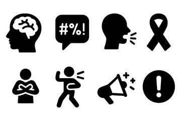 Silhouette icons of mental health, communication, and awareness symbols