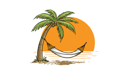 Obraz premium Relaxing hammock between palm tree and sunset.