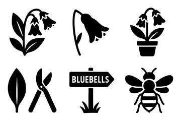 Obraz premium Floral and gardening icons: bluebells, tools, and nature symbols in silhouette style