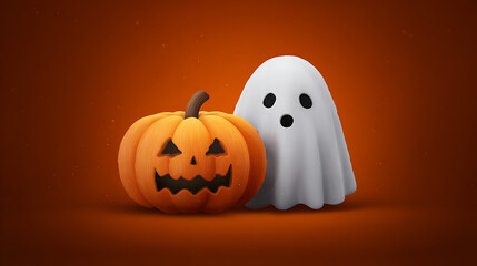 A playful ghost figure beside a carved pumpkin against a vibrant orange background