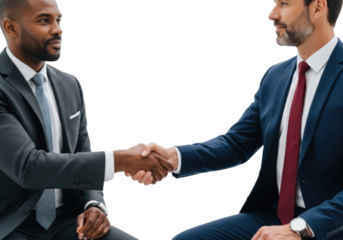 Two diverse professional men, mid-40s, in tailored suits, shake hands firmly in a transparent studio, symbolizing a successful corporate agreement and partnership