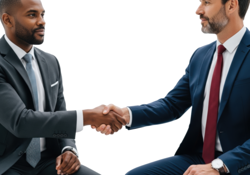 Two diverse professional men, mid-40s, in tailored suits, shake hands firmly in a transparent studio, symbolizing a successful corporate agreement and partnership