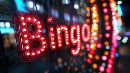 Brightly Lit Red Bingo Sign with Bokeh Lights Background, Gambling and Entertainment Concept, Nighttime Casino Advertisement