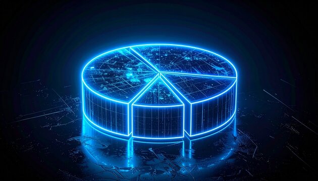 Neon Blue Glowing 3D Pie Chart with Futuristic Cyberpunk Style - Powered by Adobe