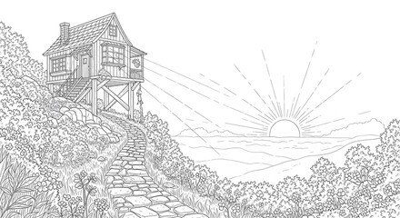 Fototapeta premium Charming Cottage with Stone Path at Sunrise Line Art