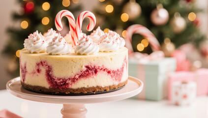 Festive cheesecake with peppermint swirl and whipped cream topped with candy cane, soft bokeh Christmas lights and wrapped gift in background, cozy holiday dessert scene