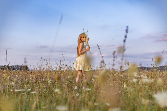 Little girl in wildflower field holding bouquet