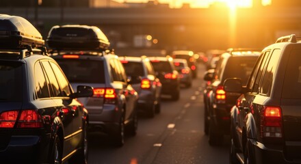 Obraz premium Traffic jam with cars illuminated by a setting sun