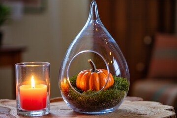 Cozy autumn decor with small pumpkin terrarium in glass teardrop vase and glowing candle on wooden table indoors