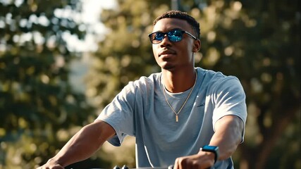 Sustainable City Life: Young Man Actively Cycling in Urban Green Spaces for Eco-Friendly Transportation
