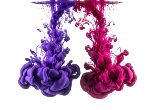 photorealistic macro of vibrant purple & magenta ink plumes swirling in clear water against a transparent background, ethereal wisps & delicate folds, concept of fluid dynamics and abstract art - Powered by Adobe