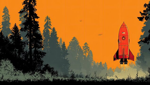 Red rocket blasts through orange sunset forest
