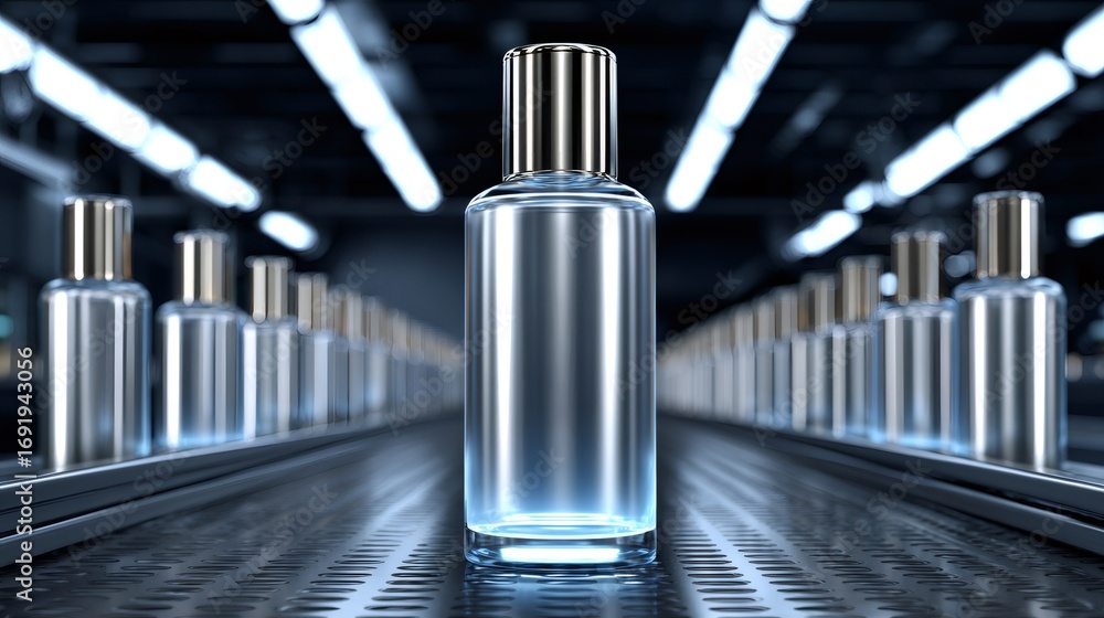 Poster perfume bottles moving on assembly line in factory