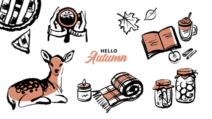 Whimsical sketch handmade scarf and candle. Autumn poster. Cozy seasonal design for banner, invitation, social media. Hand drawn vector illustration.