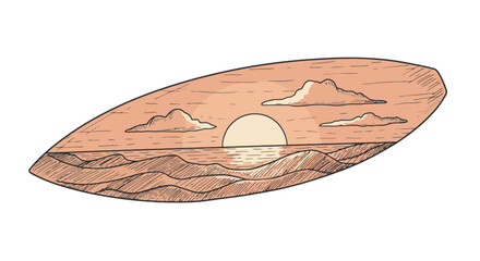 Sunset ocean scene on a surfboard graphic.