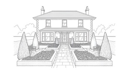 Architectural House Drawing with Garden and Path Design