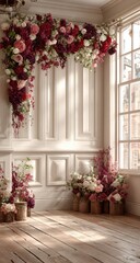 Floral corner,  pale wood,  window light
