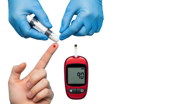 Light-skinned hand with red blood drop on index finger, gloved hand holding lancet, test strip in red glucose meter on sterile blue background, macro. Concept of diabetes testing.