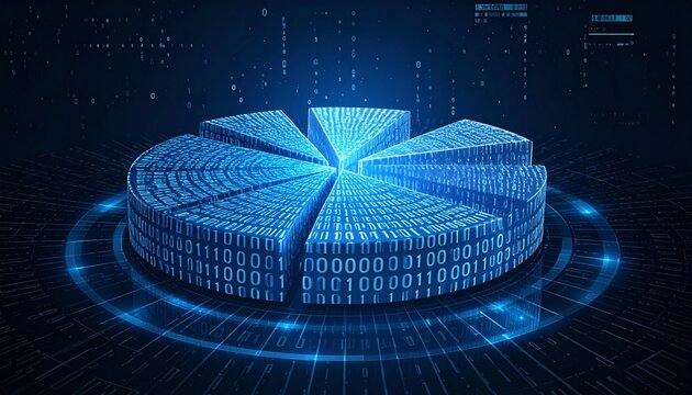 Futuristic Digital Pie Chart with Binary Code Background - Powered by Adobe