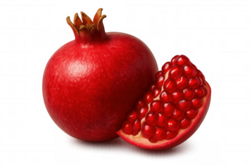 Whole pomegranate fruit and a slice revealing juicy red seeds, isolated on transparent background, offering design versatility