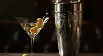 Elegant Martini with Olive Garnish and Shaker for Classic Cocktails