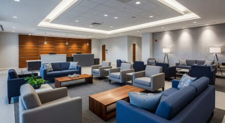 Modern and Inviting Corporate Lobby Interior with Contemporary Furniture, Ambient Lighting, and Welcoming Design for Professional Environments.