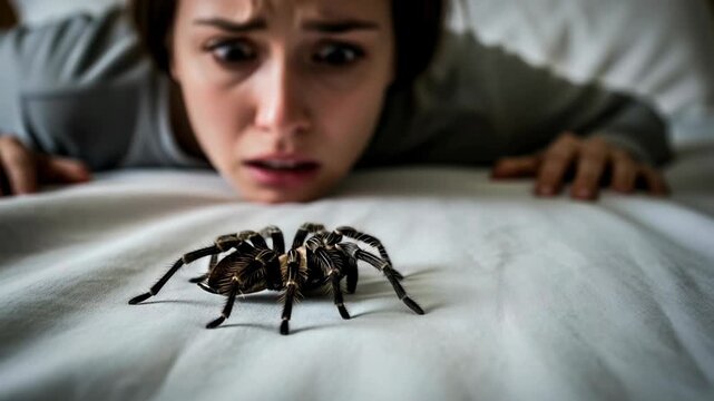 A woman wakes up to find a large tarantula slowly moving across her bedspread. Terrified, she stares at the spider in disbelief, unsure of how to react in the moment.