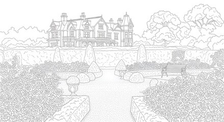 Fototapeta premium Detailed House in Garden Black and White Illustration