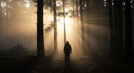 Fototapeta premium Silhouette in Sunlight, A Solitary Figure Walks Through a Foggy Forest